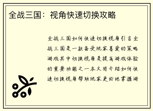 全战三国：视角快速切换攻略